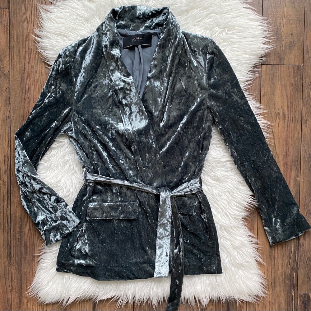 Zara Basic Crushed Velvet Wrap Front Belted Jacket